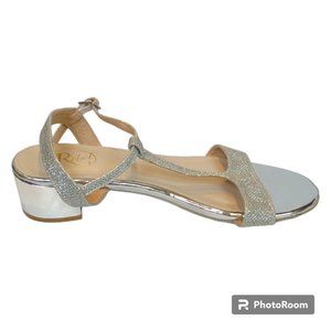 Modern Rebel "Qupid" Silver Glitter T-Strap Ankle Strap Mirror Block Heel Sandal